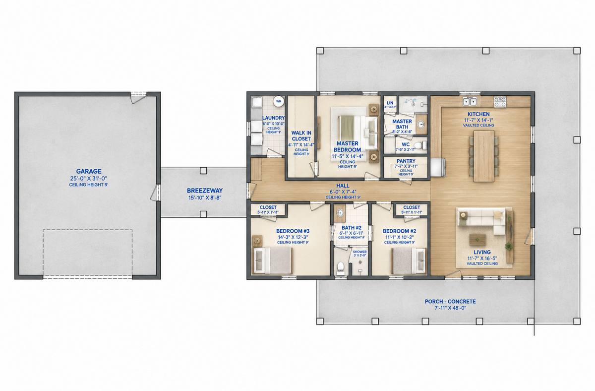 Barndominium Plan B1600-G barndominium house plan – 1600 sq ft, 3 bed, 2.0 bath