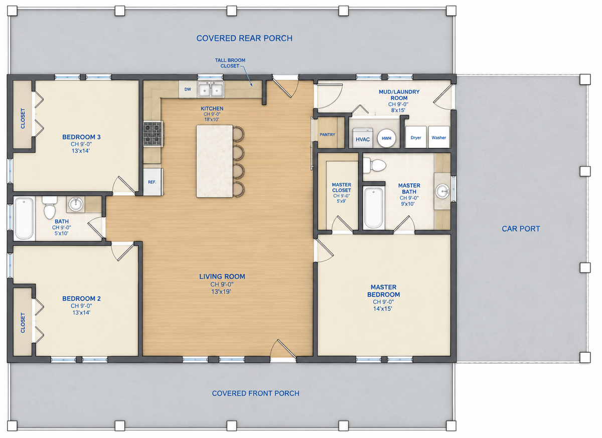 Barndominium Plan B1600 barndominium house plan – 1597 sq ft, 3 bed, 2.0 bath