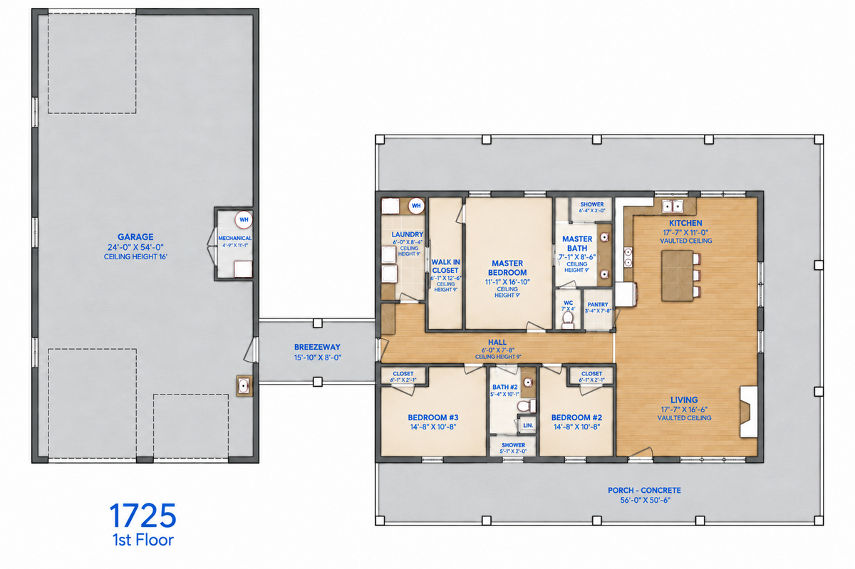 Barndominium Plan B1725-G barndominium house plan – 1600 sq ft, 3 bed, 2.0 bath