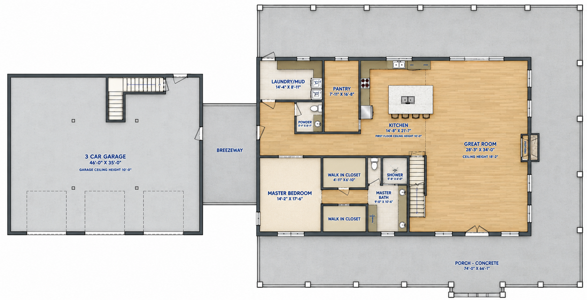 Barndominium Plan B3970 barndominium house plan – 4751 sq ft, 4 bed, 3.5 bath