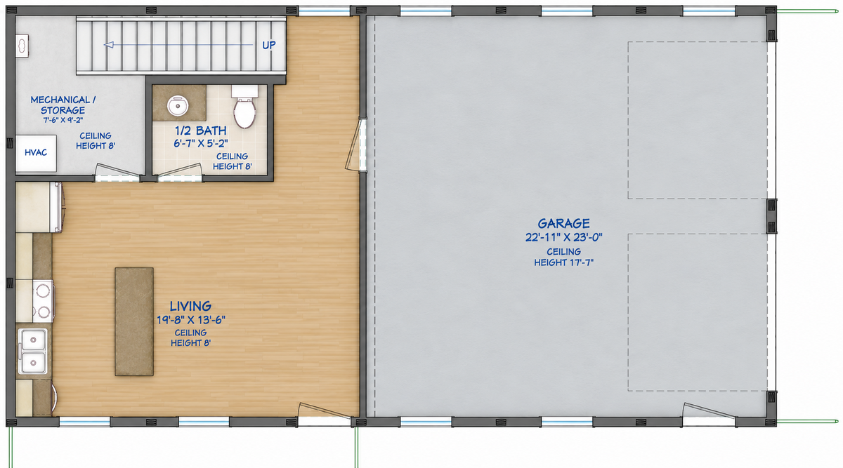 Barndominium Plan B960 barndominium house plan – 960 sq ft, 1 bed, 1.5 bath