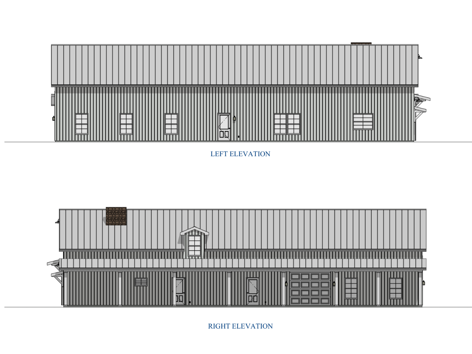 Architectural drawings of a building's left and right elevations on a white background.