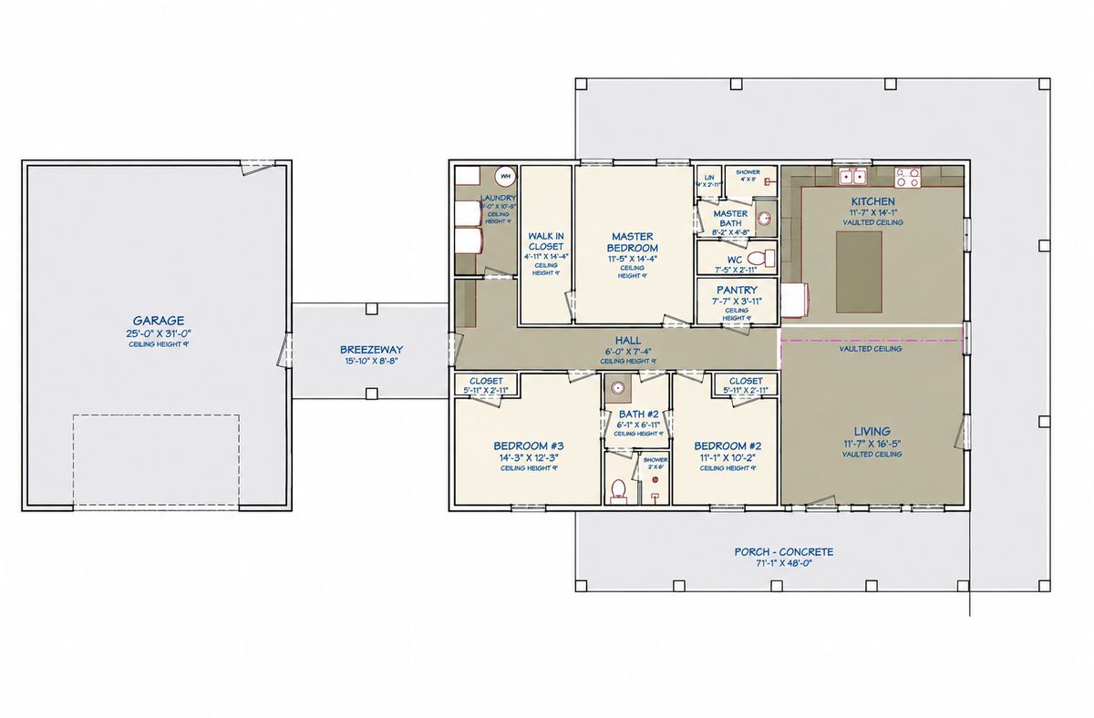 Barndominium Plan B1600-G barndominium house plan – 1600 sq ft, 3 bed, 2.0 bath